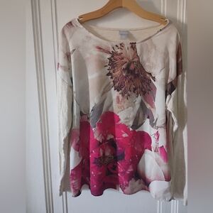 Chico's Cream Long-Sleeve Tee with Bright Pink Floral Design